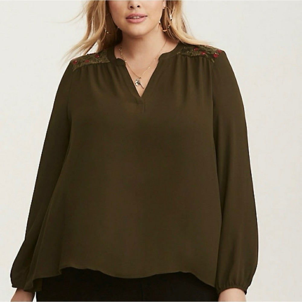 Torrid Olive Green Georgette Floral Velvet Embroidery Sequins Pullover‎ Top 2X